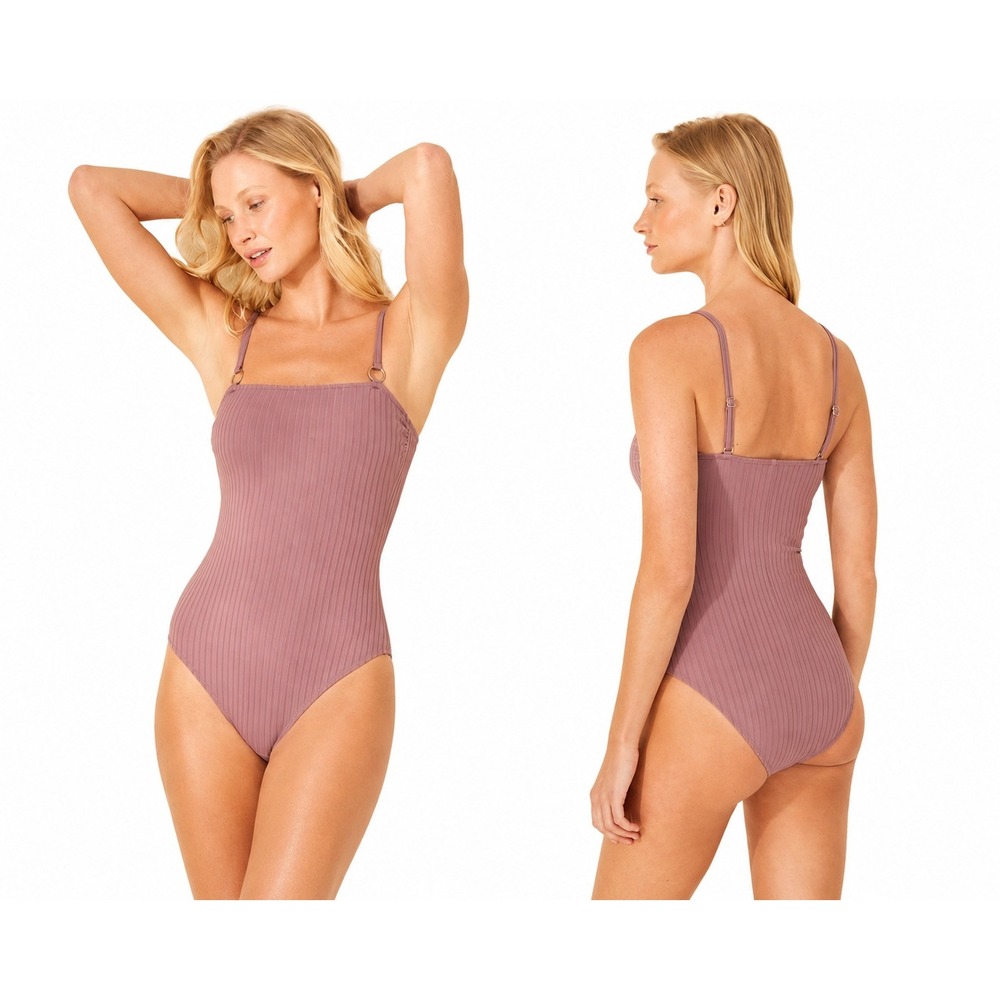 Women's Shade & Shore Ribbed Bandeau High Leg One Piece Mauve M New With Tags